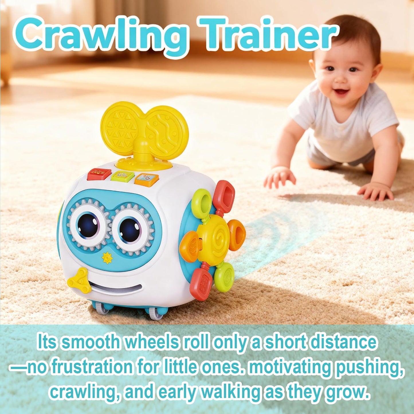 MoraBaby Robot Musical Busy Cube for Toddlers 1-3 Years Old, Montessori 6-in-1 Activity Cube with Lights & Sounds, Wheels for Tummy Time & Crawling Training, Birthday Gifts for Baby boy & Girl