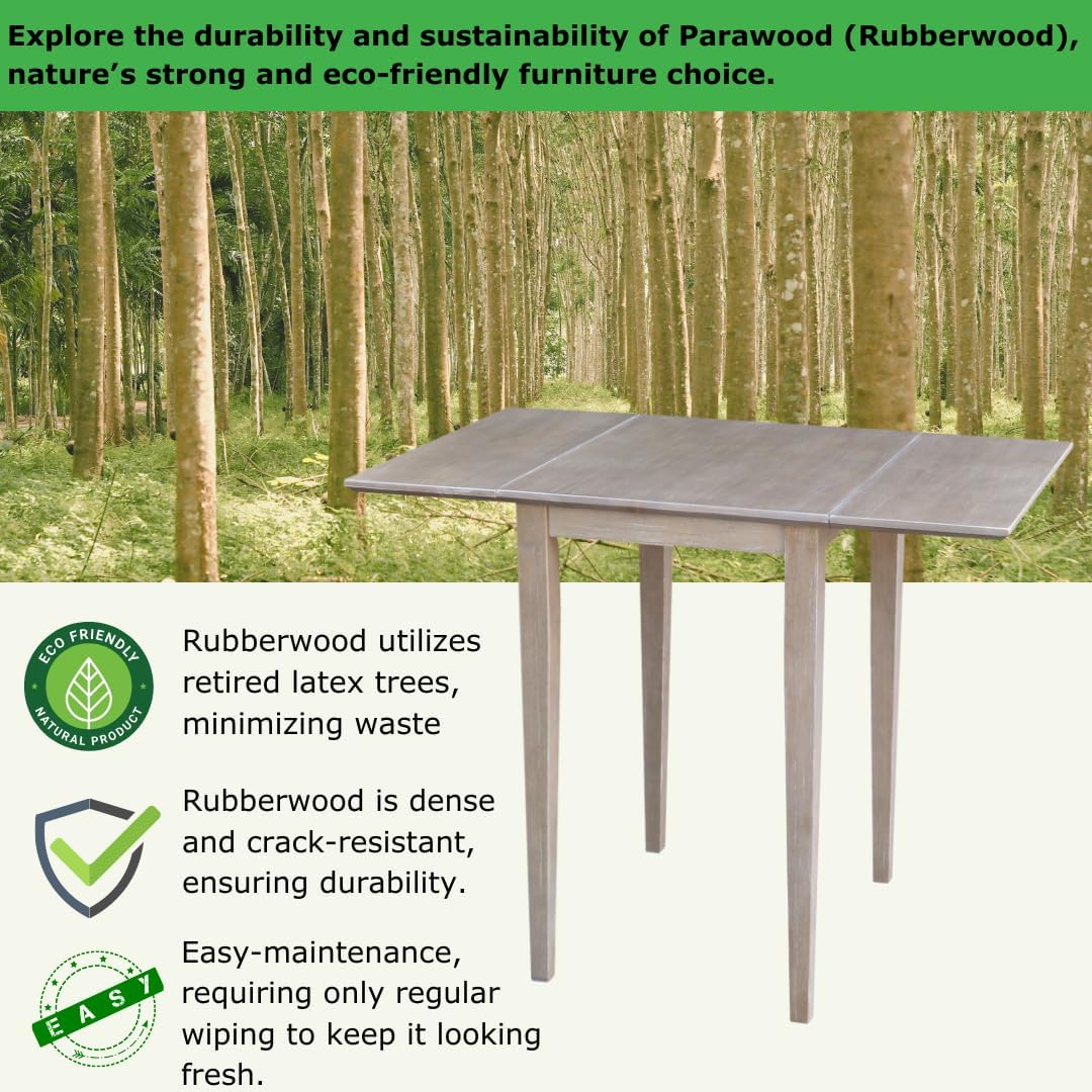 IC International Concepts, Solid Wood Small Drop Leaf Dining Table, Solid Real Wood, Sturdy Parawood,36 X 22 X 29, Minimum Assembly, Washed Gray Taupe