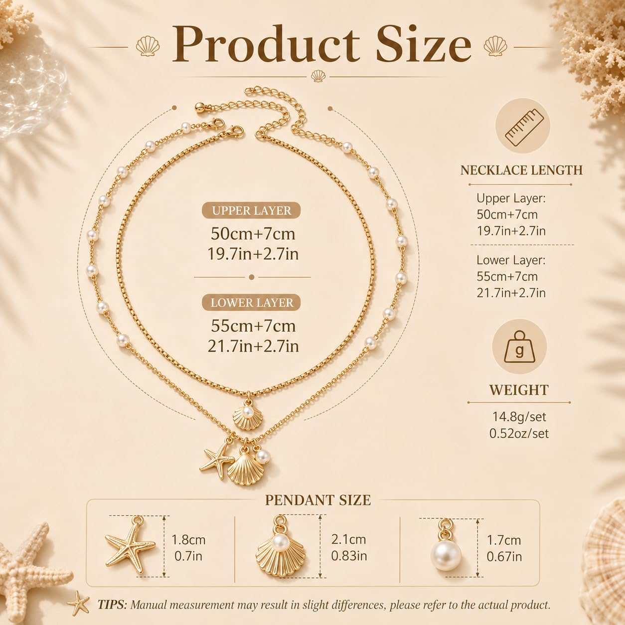 Shell Starfish Necklace for Women Gold Tone Layered Beach Jewelry Pearl Seashell Charm Adjustable Coastal Necklace for Summer Vacation Outfits Gifts
