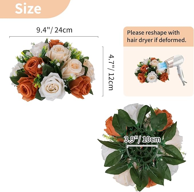 NUPTIO Terracotta Flower Ball Centerpieces: Artificial Rose Kissing Balls for Wedding Party Tables - 2 Pcs Faux Silk Floral Arrangements for Fall Home Thanksgiving Event Dining Decorations