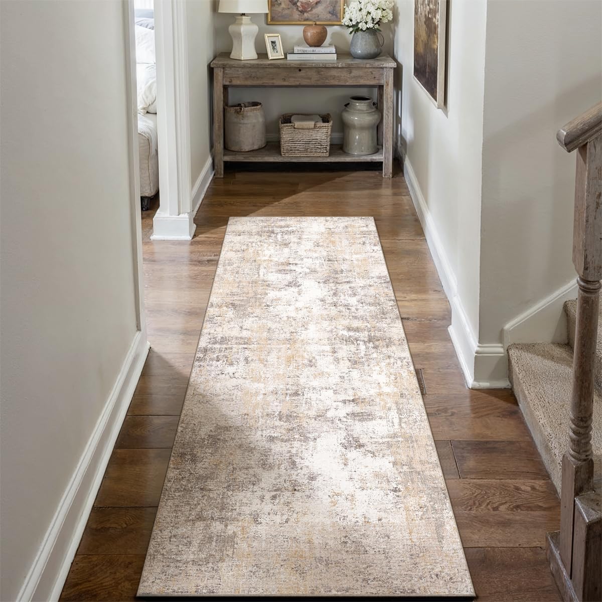 3x7 Washable Runner Rug Beige Grey Neutral Abstract Hallway Kitchen Living Room Bedroom Non Slip Throw Rug Soft Low Pile Indoor Carpet for Entrance Laundry Bathroom