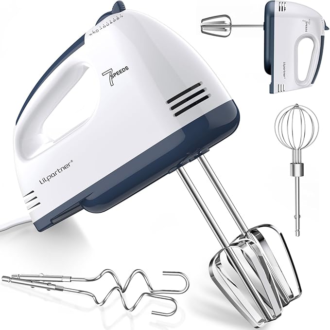 Hand Mixer Electric, Small Food Mixer 7 Speeds Handheld Blender,304 *(1* Whisk, 2* Beater, 2*Dough Hook) Kitchen Blender for Cream, Cookies, Dishwasher Safe, White