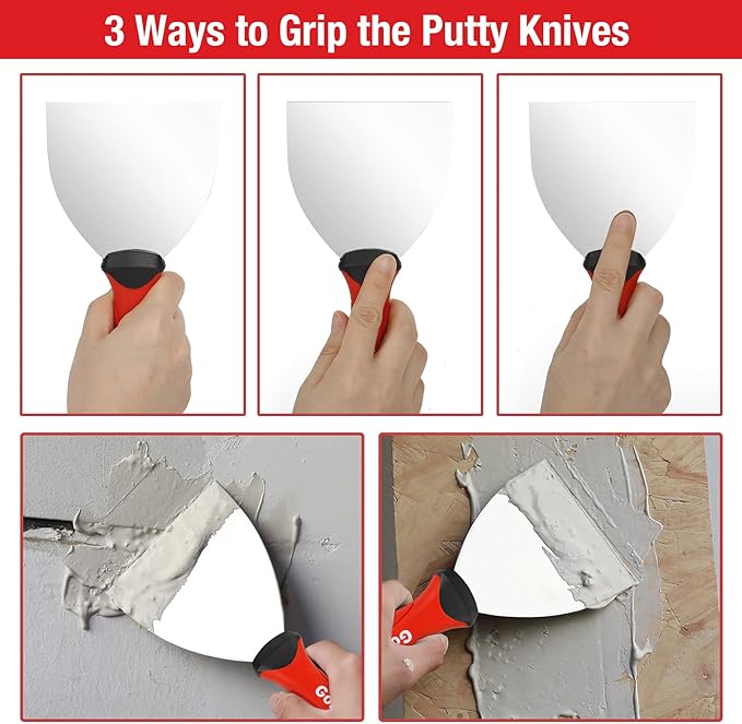 Goldblatt 4-piece Stainless Steel Joint Knife Set, 3-piece 4'', 5'', 6'' Putty Knives and 9-in-1 Multi-Tool Painter Scraper, Soft Handle with Hammer End, for Drywall
