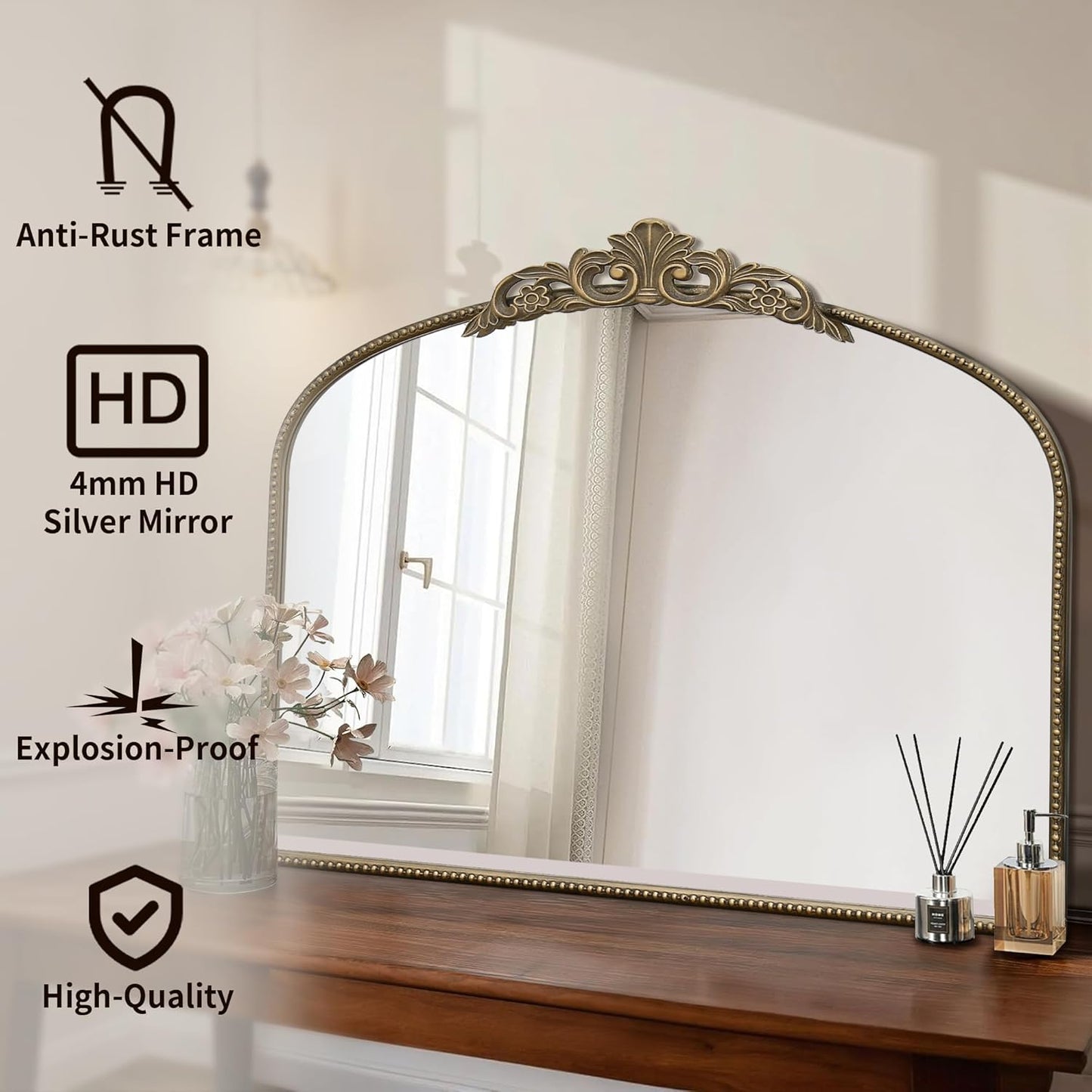 Micasso Gold Antique Wall Mirror: 29"x 36" Large Arched Mirror - Arendahl Traditional Ornate Baroque Decorative Mirror for Home Decor/Entryway/Fireplace/Living Room/Hallway/Bathroom