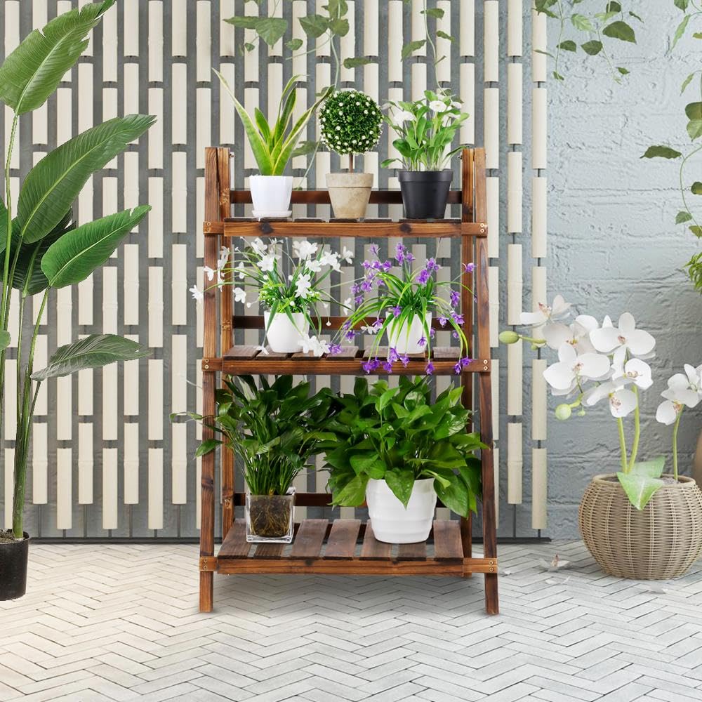 Yaheetech Folding Plant Stand Wooden Foldable Plant Shelf 3-Tier Flower Pot Stand Plants Display Shelf Rack Ladder Garden Indoors Outdoors 23.6 x 15 x 36.6in