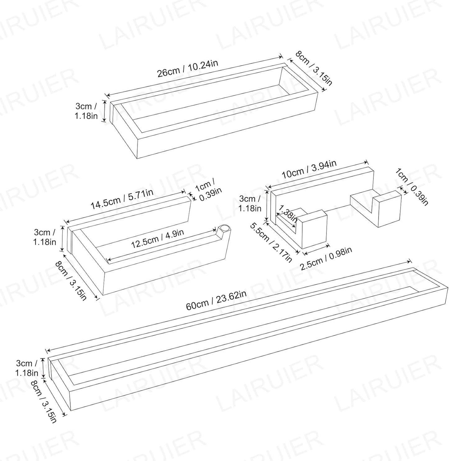 Lairuier 4-Piece Bath Towel Bar Set, Matte Black Bathroom Hardware Set Including Towel Bar,Towel Holder, Toilet Paper Holder, Towel Hook,Stainless Steel Bathroom Hardware Accessories Set