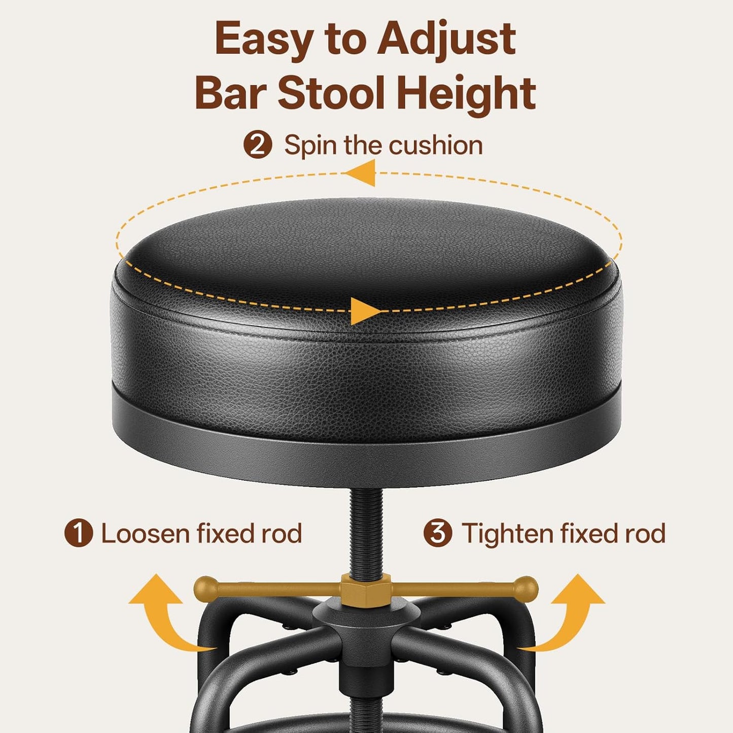 Adjustable Height Swivel Bar Stool, 22-29 Inch Industrial Vintage Bar Counter Height Stool with Thicken Premium Bonded Leather Seat & Updated Footrest, Easy Assembly, Black