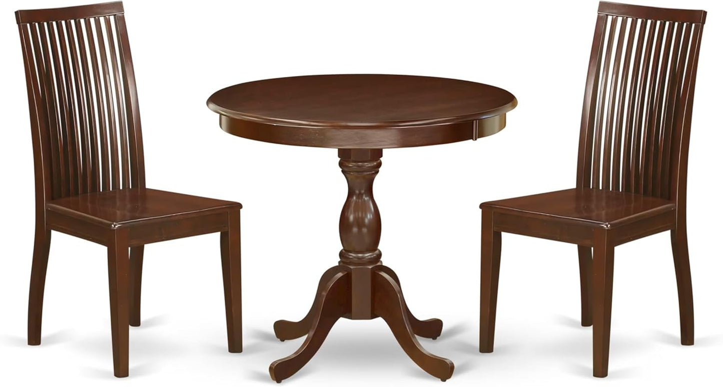 East West Furniture AMIP3-MAH-W 3 Piece Dining Table Set for Small Spaces Contains a Round Kitchen Table with Pedestal and 2 Kitchen Dining Chairs, 36x36 Inch, Mahogany