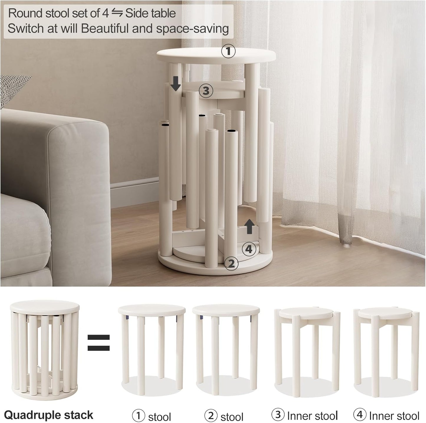 Stackable Stools Set of 4, Wood Stool 18 Inch Stool Stackable Side Tables Nesting Table Sturdy and Durable, No Installation Required for End Table,Top Stackable Round Stools(White Barstool)