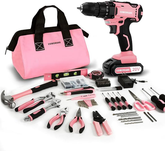 COMOWARE 20V Cordless Drill Set, 171Pcs Pink Home Tool Set with Cordless Drill Driver, Complete Repair Tool Kit for Women, Pink Storage Bag, Ideal for Office, Garden, DIY Project