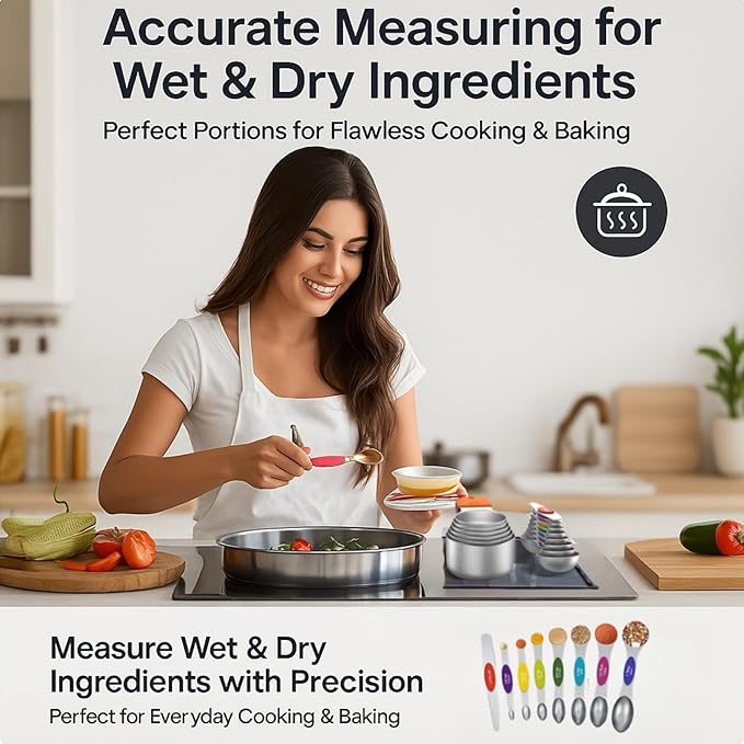 Magnetic Measuring Cups & Spoons Set|304 Stainless Steel Dual Scale Set of 15, Strong N52 Magnetic Nesting Design with Leveler, for Dry&Liquid Ingredients, Dishwasher Safe(Colorful)
