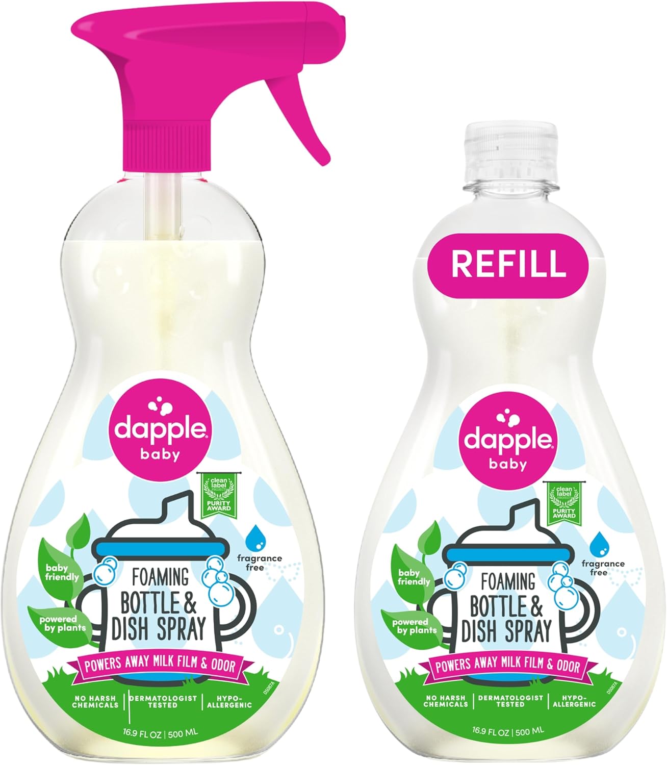 Dapple Baby Bottle & Dish Foaming Power Spray, Hypoallergenic Dish Soap for Baby Bottles, Powered by Plants, Fragrance Free, 16.9 Fl Oz (Pack of 2)