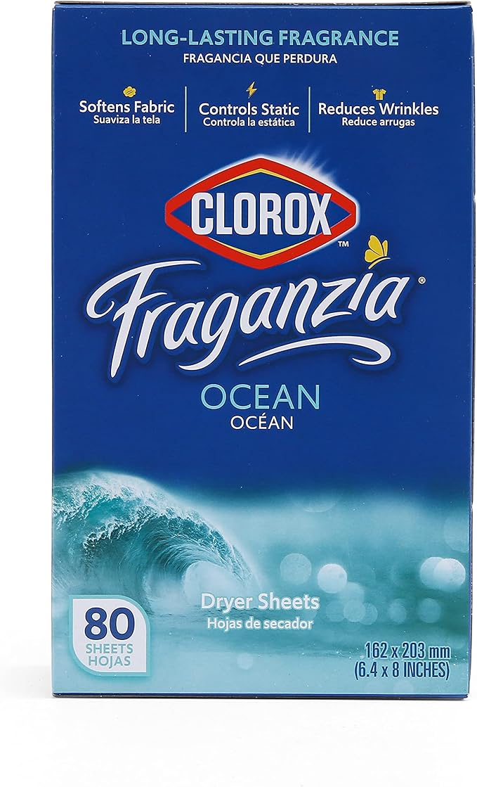 Clorox Fraganzia Fabric Softener Dryer Sheets, Ocean Scent - Wrinkle Reducing Scented Softening Laundry Dryer Sheets for Great Smelling Clothes, 80 Count