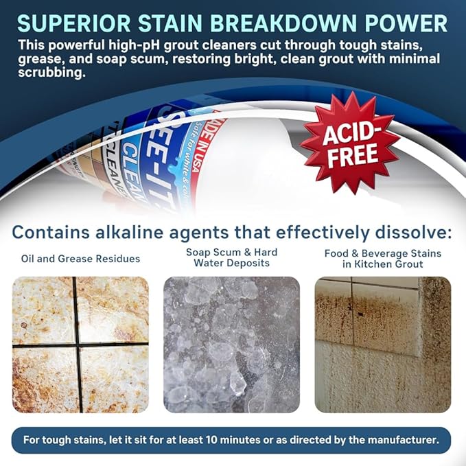 Grout & Tile Deep Cleaner Brightener & Heavy-Duty Stain Remover Acid-Free Safe for Ceramic, Porcelain, Marble, Stone - Two 32 fl. oz. Bottles with Floor Cleaning Brush
