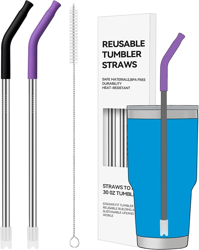 2 PCS 30oz Reusable Straws Ideal for 30oz Stanley Cup & 24oz Tumblers, Stainless Steel Drinking Straw with Anti-Clank Silicone Bottom, Fits Most Medium-Size Mugs