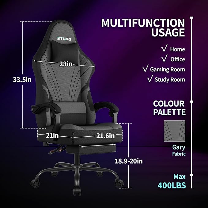 SITMOD Gaming Chair - 150° Reclining Ergonomic Gaming Chairs for Adults with Footrest & Premium Fabric, Big and Tall Computer Chair for Home Game Room, Gamer Chair & Silla Gamer Supports 400 lbs, Gray