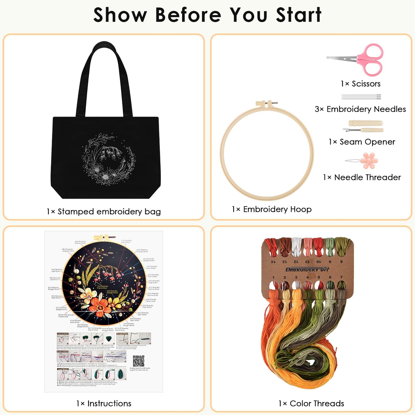 ERKOON Canvas Tote Bag Embroidery Kit for Beginners, Floral Arts Crafts Cross Stitch Kits for Adults Including Stamped Embroidery Bag with Hoops, Needle, Instruction and Color Threads (Flower)