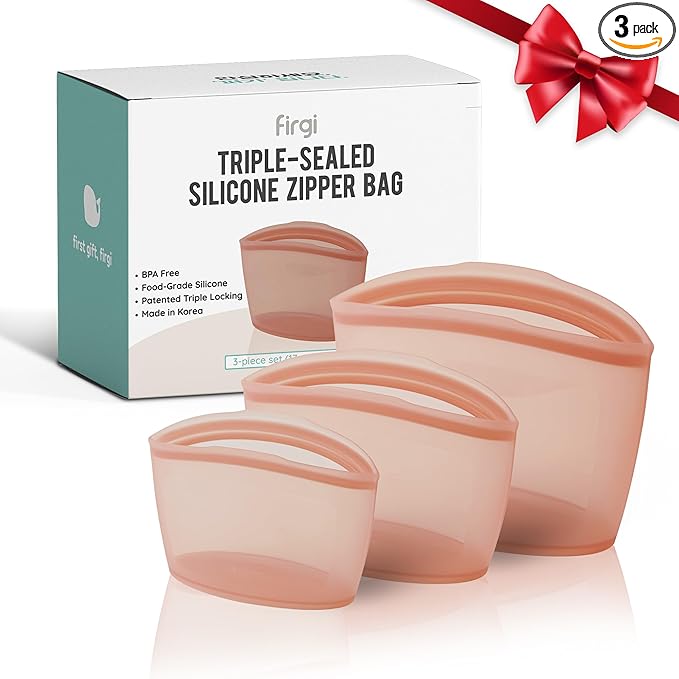 Premium Platinum Silicone Reusable Food Storage Bags 3-Pack (17 fl oz + 29 fl oz + 51 fl oz), Airtight Zip Lock Bags for Food, BPA-Free Silicone Freezer Bags, Rose