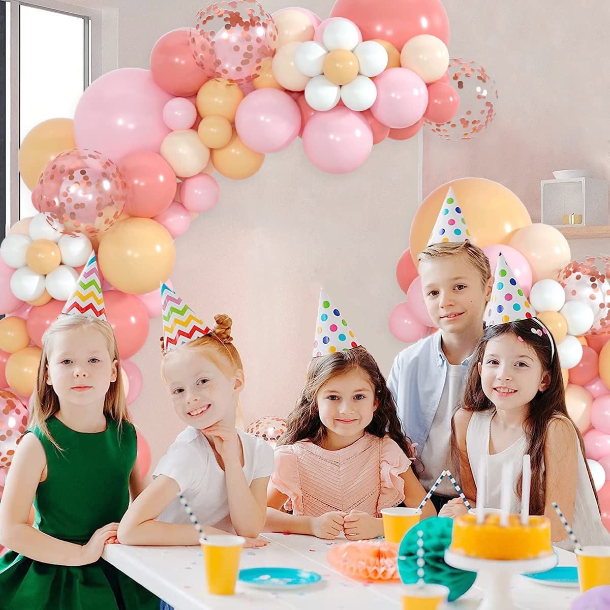 Boho Daisy Balloon Garland Retro Dusty Pink Blush Nude Light Pink Pastel Orange White Balloons Rose Gold Confetti Balloon Arch Kit for Baby Shower Wedding Birthday Party Decorations