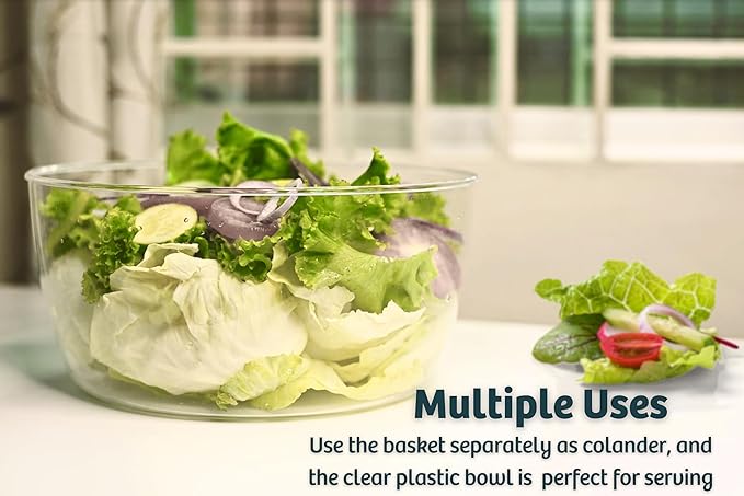 Salad Spinner – Large Clear Bowl with Drain and Colander – Multi-use Vegetable Dryer, Lettuce Spinner, Fruit Washer, Salad Mixer, Pasta & Fries Spinner - 4.2 Qt