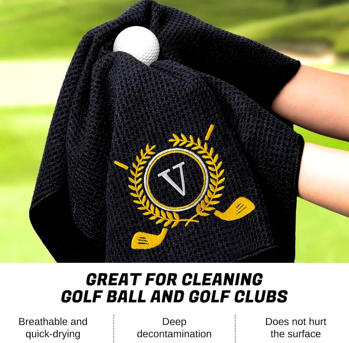 Personalized Golf Towels for Golf Bags - Microfiber Monogrammed Golf Towels for Men/Women, Retractable Brush Tool Kit with Club Groove Cleaner, Custom Golf Accessories for Golfers (Initial V)