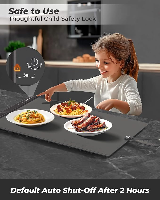 Food Warming Mat with Dual Heating Zones, 4 Temp Settings, Silicone Easy-Clean, Auto Shut-Off, Timer, Child Lock, Portable for Buffet, Party & Travel, 350W, 120V(AC), (Gray, Large)