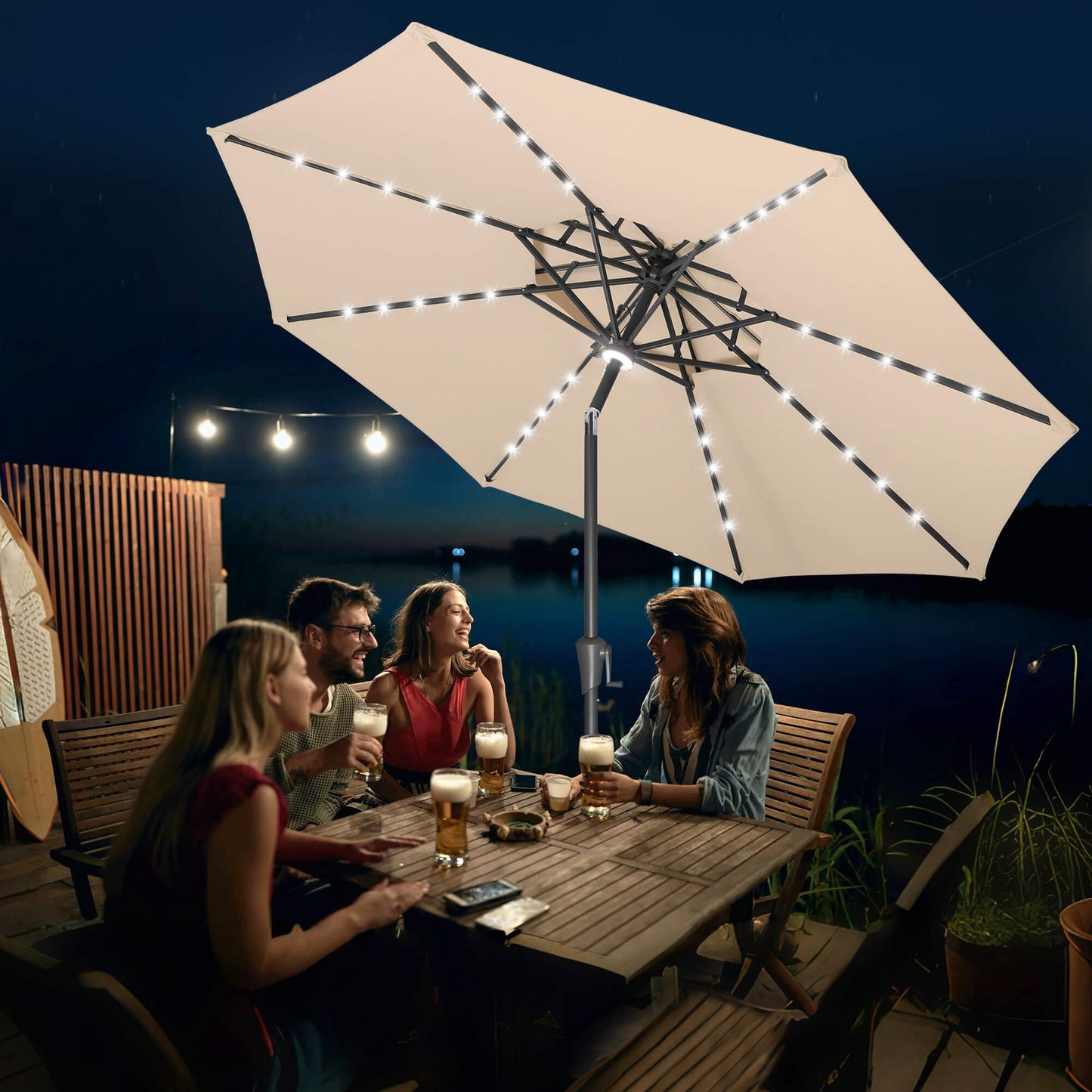 FLAME&SHADE 2 Tiers 9ft Solar Light Patio Umbrella, 40 LED lights outdoor umbrella with Centre Surround Light, Table Market Umbrella for Deck, Pool, Porch, Backyard, Garden (Beige)