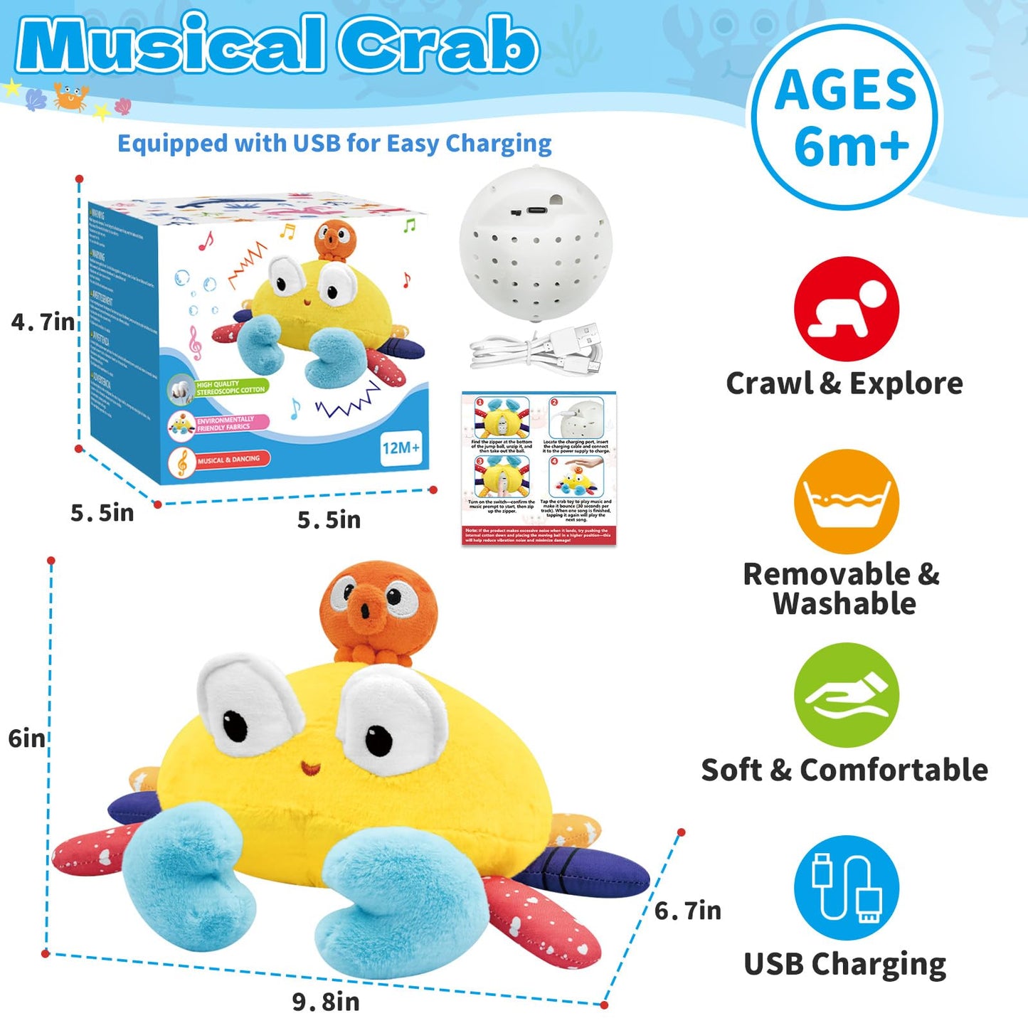 Infowush Baby Toys 6-12-18 Months - Musical Crawling Crab Plush Toy, Dancing Walking Bouncing Tummy Time Toy Interactive Sensory Learning Toys for Toddlers 1-3, Birthday Gifts for Infants Boys Girls