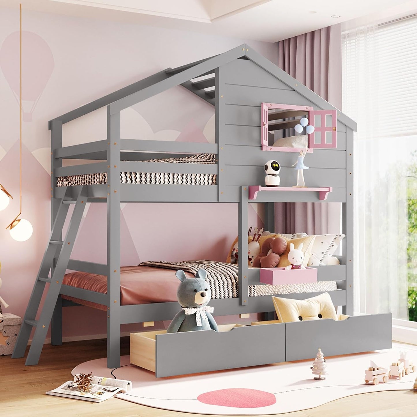 Ball & Cast Twin Over Twin Size Bunk Bed with 2 Drawers and 1 Storage Box,Playhouse Wood Bunkbed w/Window & 1 Shelf,Slat Support,Space Saving,Bedroom Furniture for Student Dorms,Gray