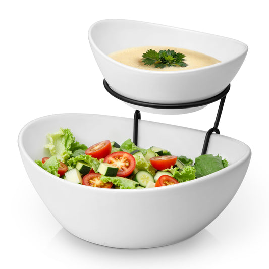 MALACASA 2 Tier Chip and Dip Serving Set with Metal Stand,Ceramic Appetizer Bowls for Party, Multi-Use Food Display for Fruits, Snacks,White Elegant Tiered Serving Dishes for Party