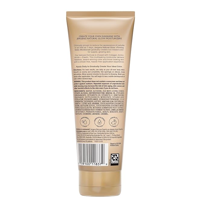 Jergens Natural Glow +Firming Self Tanner Body Lotion, Fair to Medium Skin Tone, Sunless Tanning Moisturizer with Collagen and Elastin. Helps to Visibly Reduce Cellulite, 7.5 Fl Oz