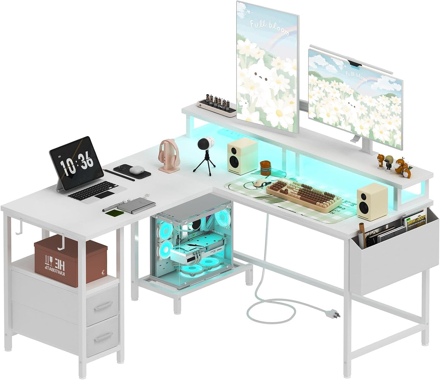 Lufeiya White L Shaped Computer Desk with Fabric Drawers, 47 Inch Corner Home Office Desk with Monitor Stand Shelves, Writing Study Gaming Desks with Led Lights and Power Outlets for Bedroom, White