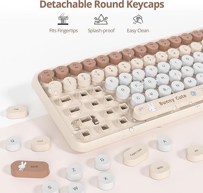 Owpkeenthy Cute Beige Keyboard and Mouse Wireless, Colorful Keyboard Retro Typewriter Style Full-Sized with Number Pad Round Keys for Desktop, Laptop and Computerr (Bunny Beige)