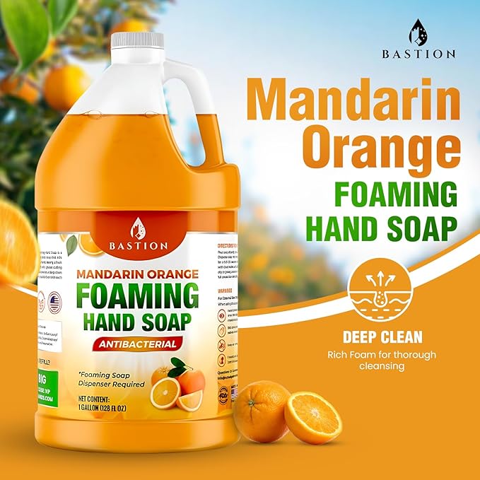 Bastion Foaming Antibacterial Hand Soap: Mandarin Orange Scented Instant Foam Hand Wash Refill 1 Gallon (128 oz) Bulk Jug. Made In The USA