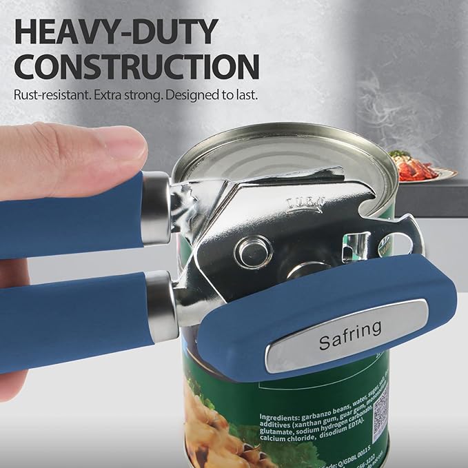 Can Opener Manual, Heavy Duty Handheld Strong Can Opener with Soft Touch Handle, Sharp Blade Smooth Edge, Can Openers with Multifunctional Bottle Opener, Blue