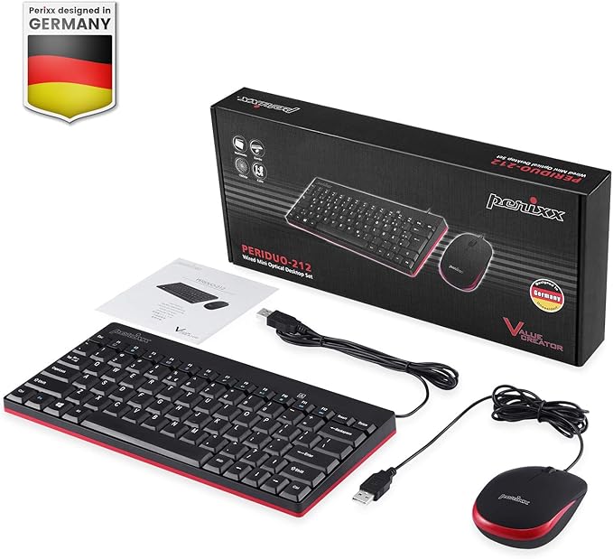 Perixx PERIDUO-212 Wired Mini Keyboard and Mouse Set, USB Connection, Black, US English Layout