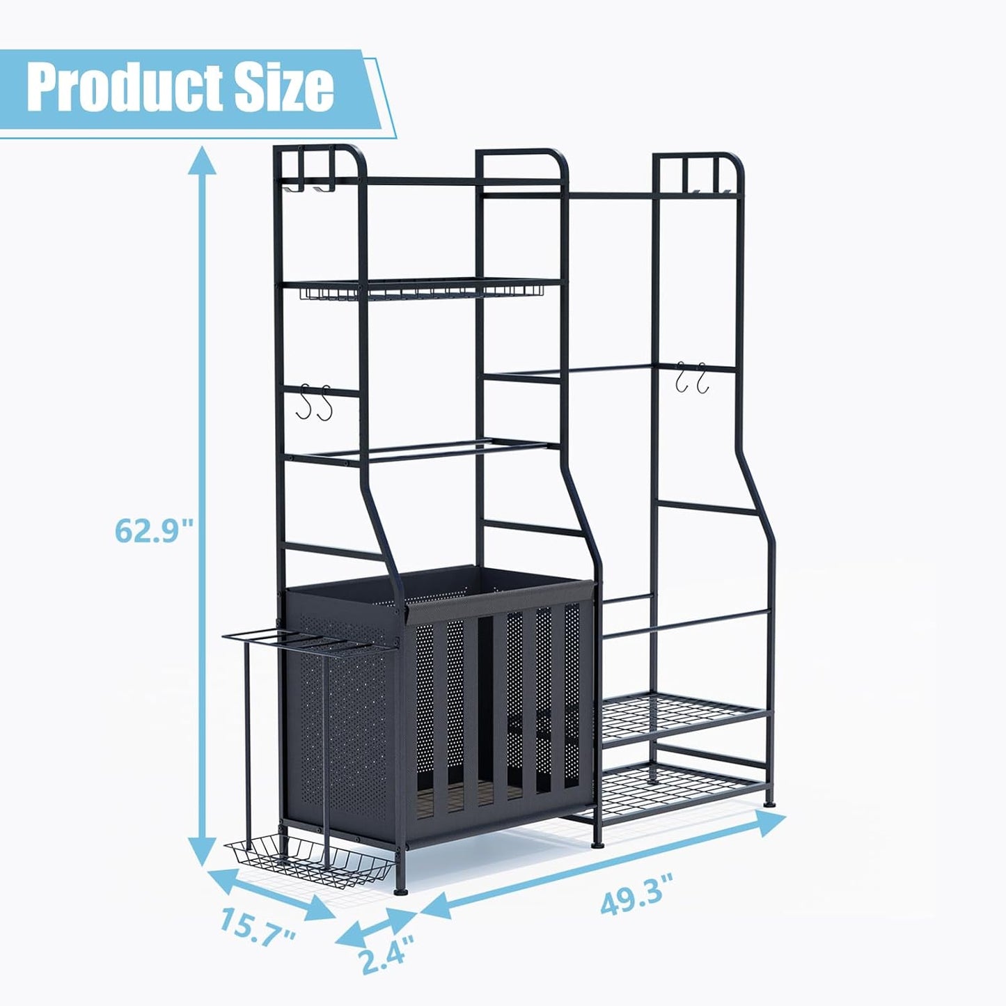 Garage Sports Equipment Organizer, Golf Bag Storage Rack, Heavy Duty Ball Holder with Basket & Hooks, Indoor/Outdoor Basketball Storage Bins for Toy Sports Gear Storage (Pro)