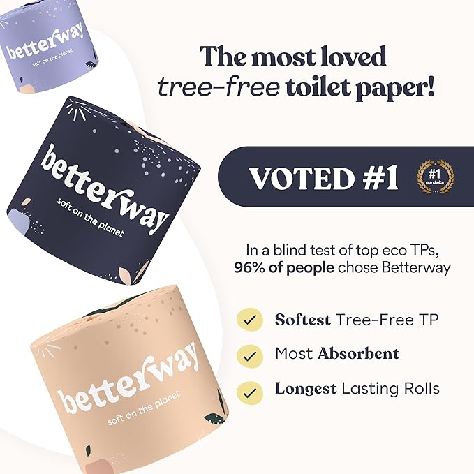 Betterway Bamboo Toilet Paper 3 Ply - Sustainable Toilet Tissue - 24 Long-Lasting Rolls & 360 Sheets Per Roll - Septic Safe - Organic, Plastic & PFAS Free - FSC Certified