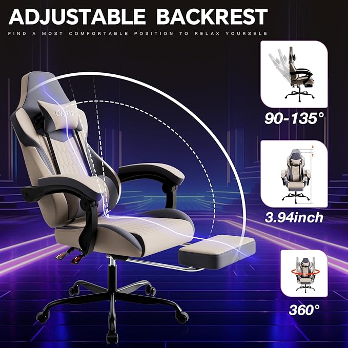 Gaming Chair with Footrest, High Back Gaming Chairs PVC Leather Ergonomic Gamer Chair with Adjustable Headrest Lumbar Support Racing Style Video Gaming Chair for Office/Home (Grey)