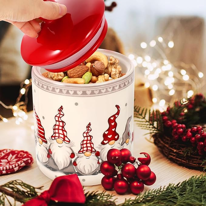 Angoily Cookie Jar, Christmas Gnome Candy Jar with Lids, Ceramic Treat Container Tea Can for Holiday Christmas Decoration Living Room Centerpieces
