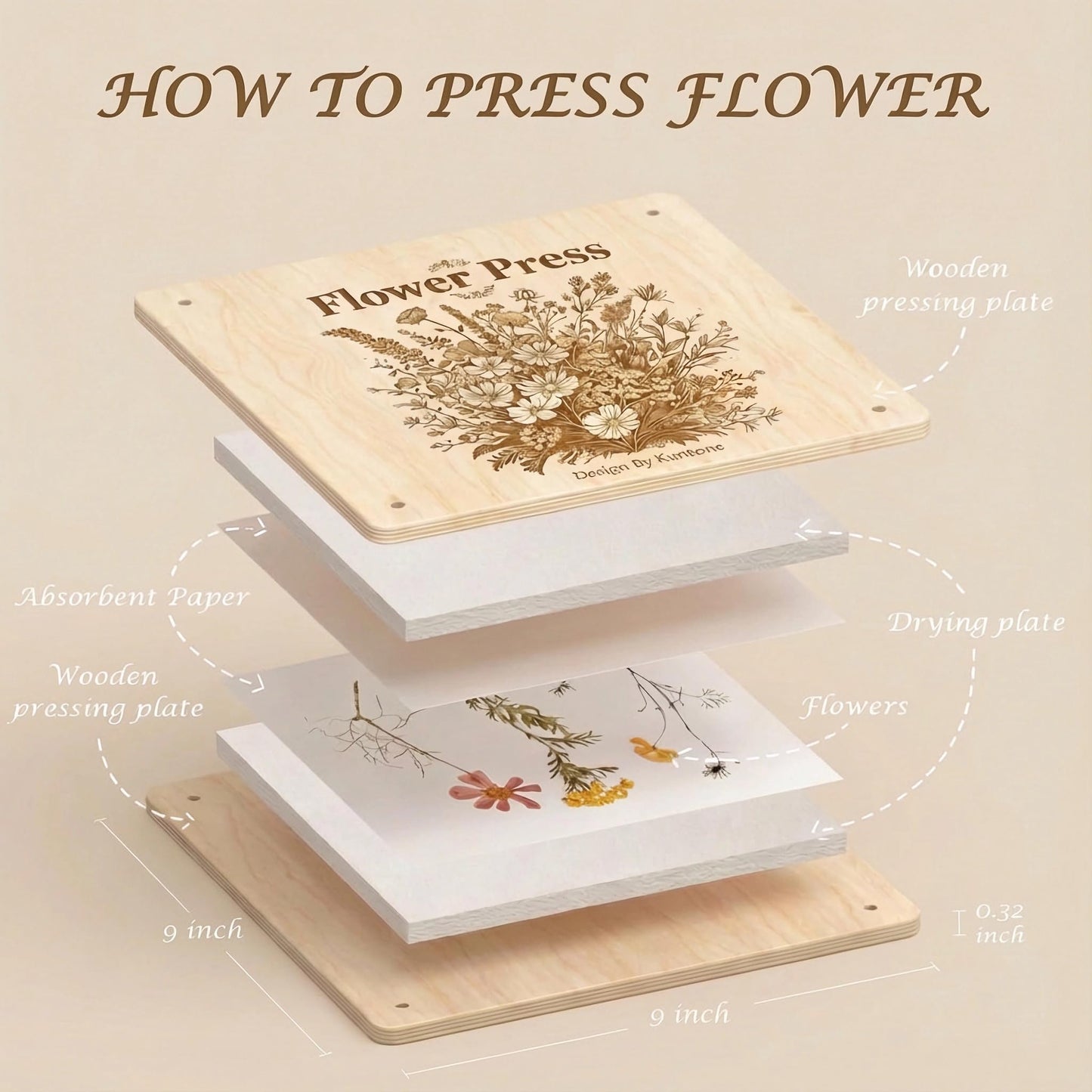 Kaokane Flower Press Kit, 9x9 Wooden Flower Pressing kit with 4 Reusable Drying Plates & 4 Blotting Papers, Dried Flowers Art for Wedding, Pressed Flower kit Herbarium Press Botanical Press kit