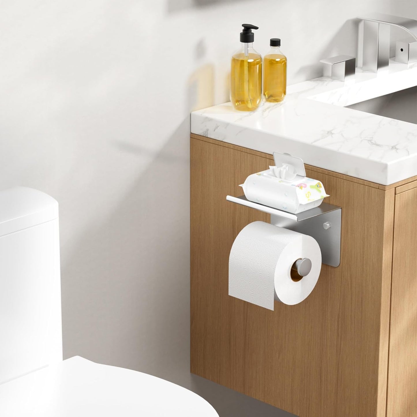 FORIOUS Toilet Paper Holder with Shelf, Adhesive or Screw Wall Mount Toilet Roll Holder for Bathroom, Rustproof 304 Stainless Steel Commercial Toilet Tissue Holder, 2 Pack Brushed Nickel