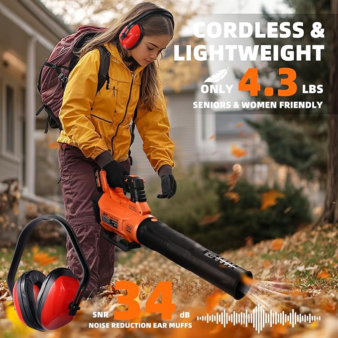 Decerk 21V Leaf Blower Cordless, Electric Snow Blowers with 2X 4.0Ah Battery, Lightweight Blower with Turbo Button, Variable Speed Dial, and Cruise Control for Sidewalks, Garages, Yards & Patios