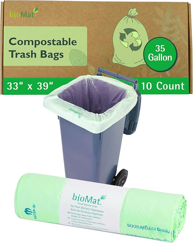bioMat 35 Gallon Compostable Compost Liners, 10 Count, Biodegradable Trash Bags for Compost Bin, BPI ASTM D6400 and CMA Certified, Keep your Bin Clean