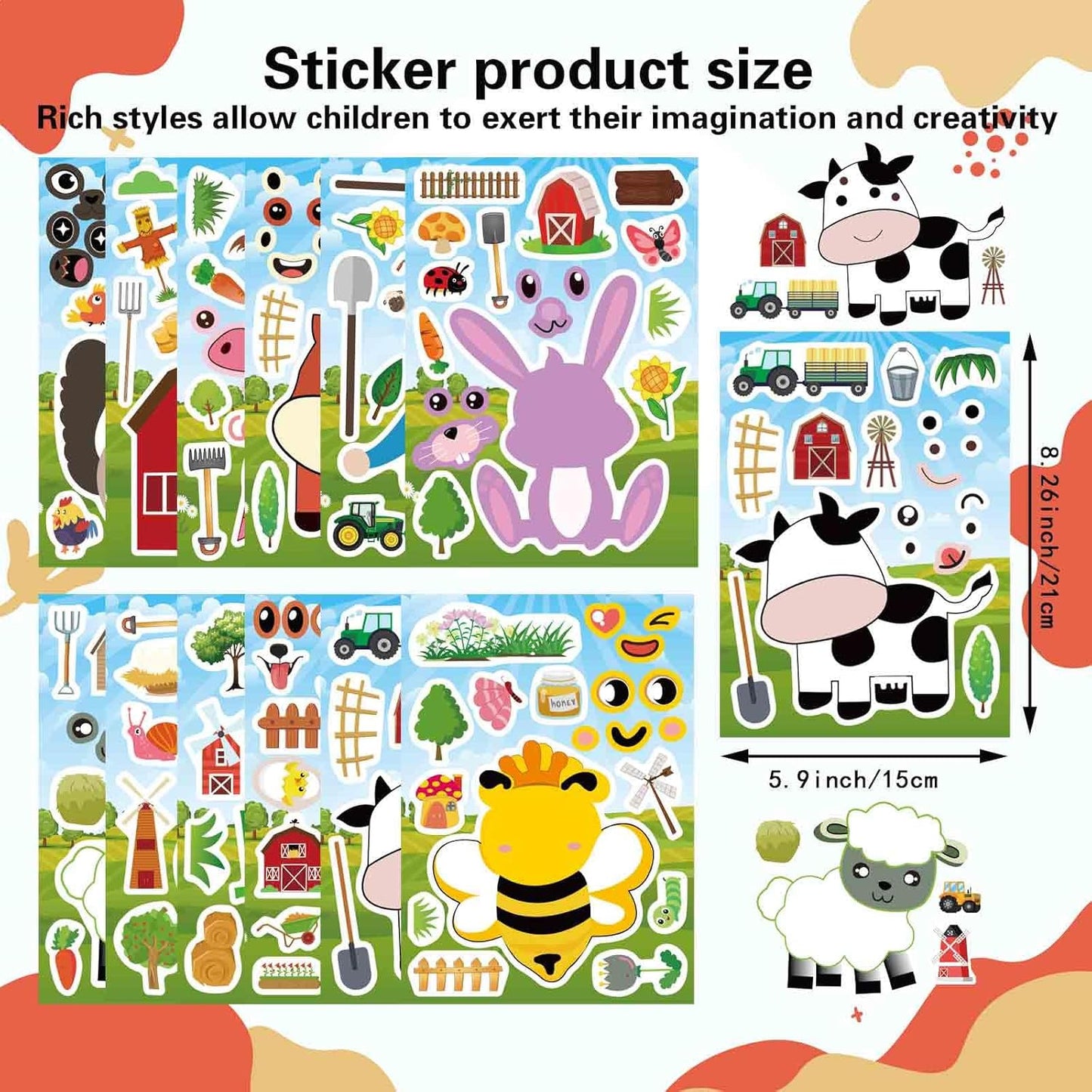 48 Sheets Make Your Own Stickers for Kids, Make a Farm Animal Face Sticker Sheets with Farm and Cute Animals for Kids Birthday Party Favors Supplies Teacher Reward