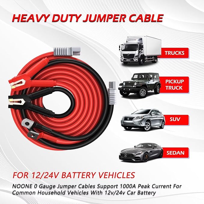 NOONE 0 Gauge 30 FT Heavy Duty Jumper Cables - 1000Amp Quick Connect Automotive Booster Jumper Cables for Car, SUV and Trucks Battery - Jumper Cables Kit with Gloves, Goggles in Carry Bag