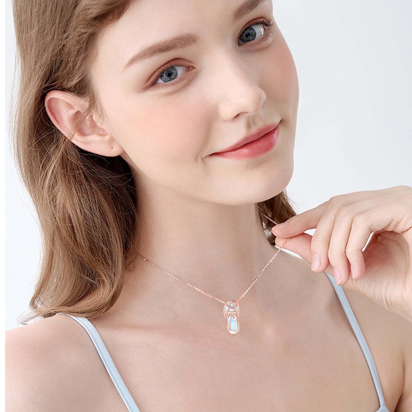 Midir&Etain Rose Gold Plated Flip Flop Necklace 925 Sterling Silver Palm Tree Hawaiian Pendant White Opal Suffer Sea Necklace Flip-Flop White Opal Jewelry for Women Prime
