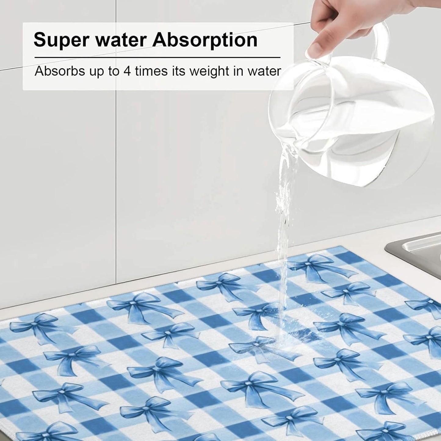 Dish Drying Mat for Kitchen Blue Bows Check Counter Absorbent Dishes Drainer Microfiber Large 18x24 Inch