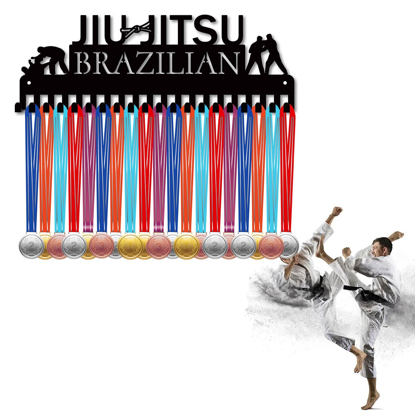 CREATCABIN Jiu Jitsu Brazilian Medal Holder Competition Medal Hanger Display Rack Sports Metal Hanging Athlete Awards Iron Wall Mount Decor with 20 Hooks for Race Medalist Ribbon Black 15.7x5.4in