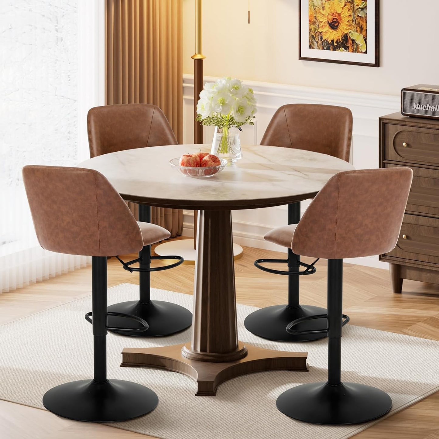 COLAMY Bar Stools Set of 6, Modern Swivel Bar Chairs, Adjustable PU Leather Upholstered Barstools Counter Height with Full Backrest for Bar, Dining Room, Kitchen Island, Brown